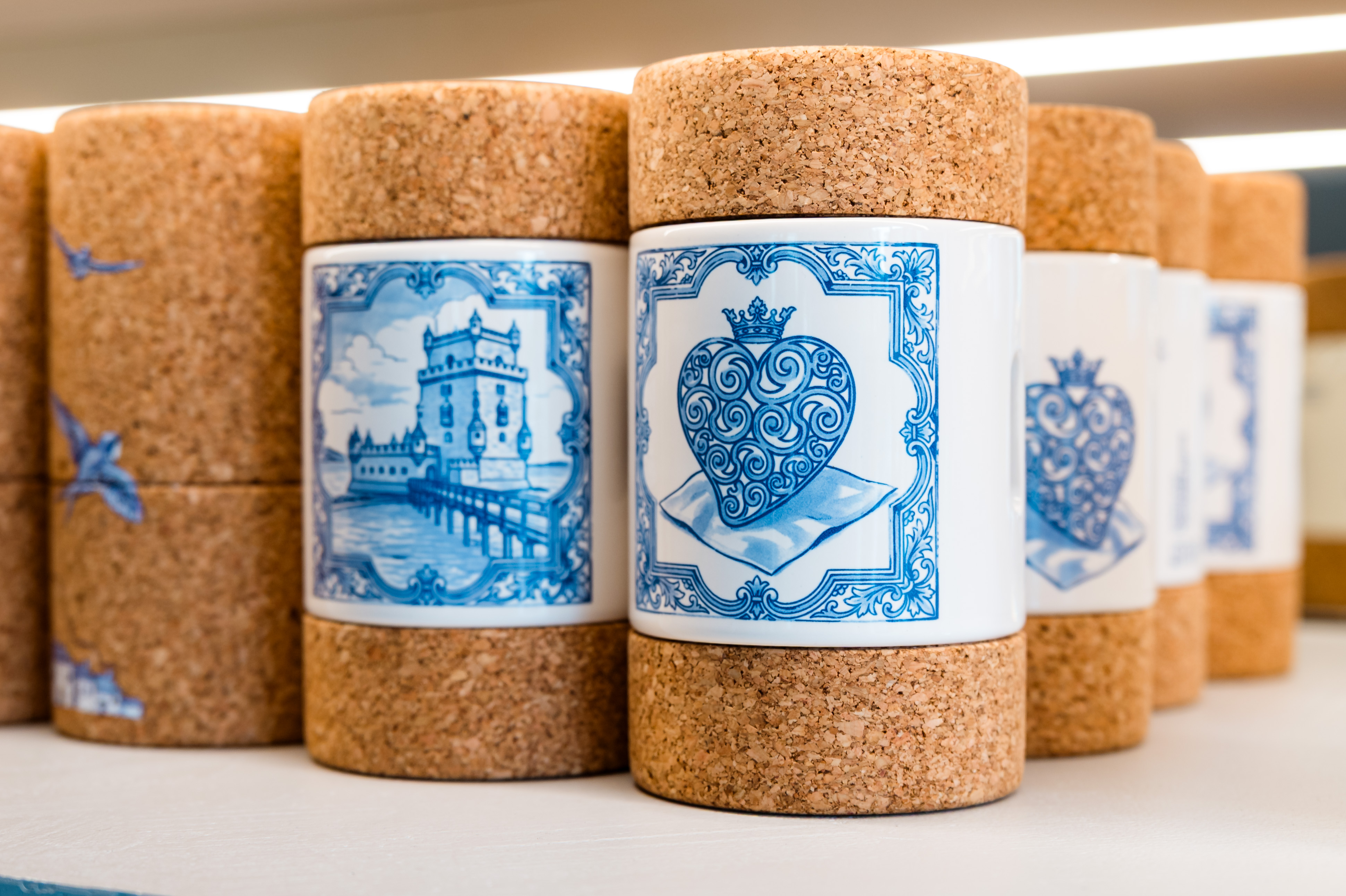 Ceramic and cork Portuguese gifts with blue heart and Belém Tower illustrations