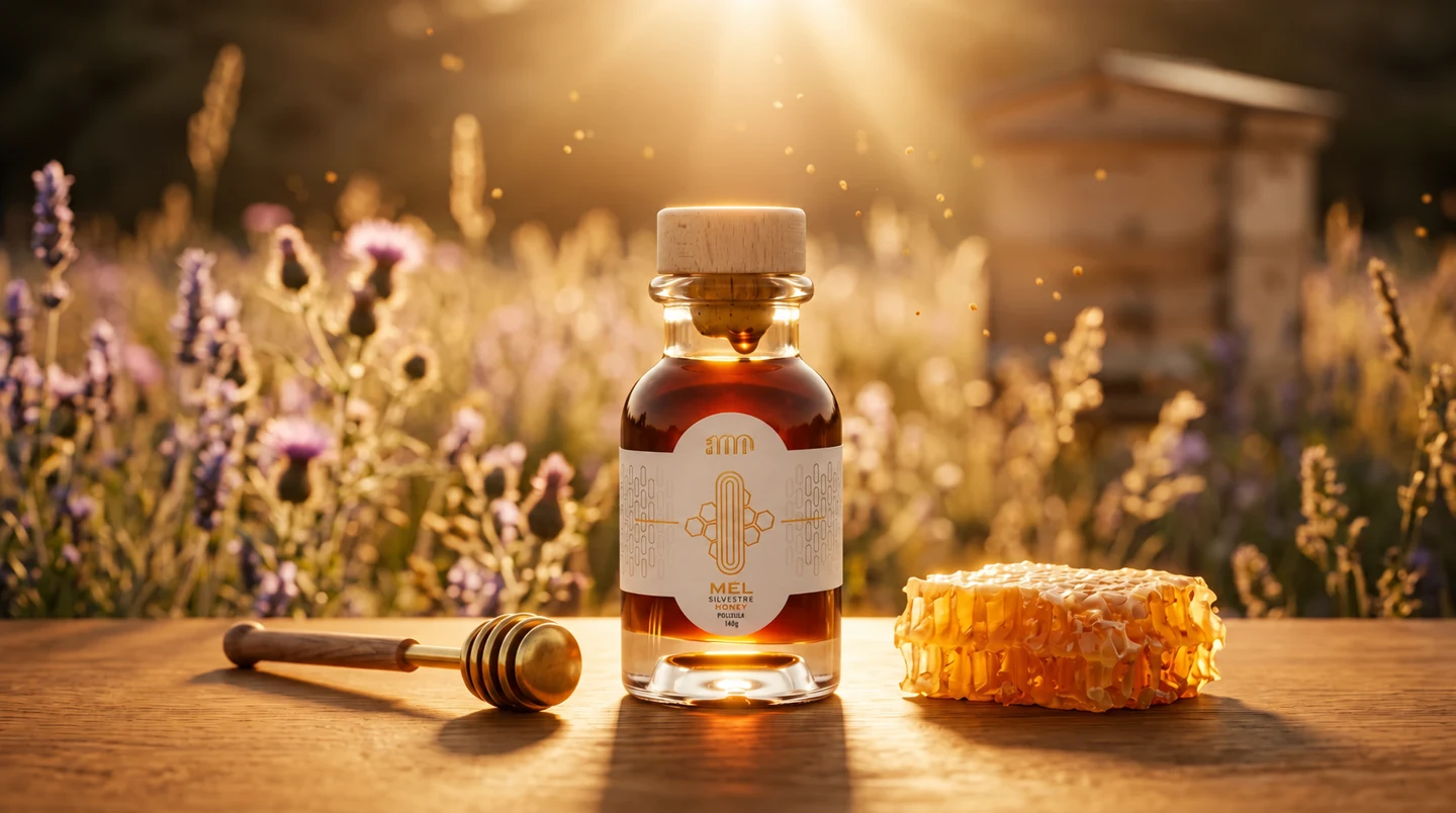 Honey bottle in a golden natural setting