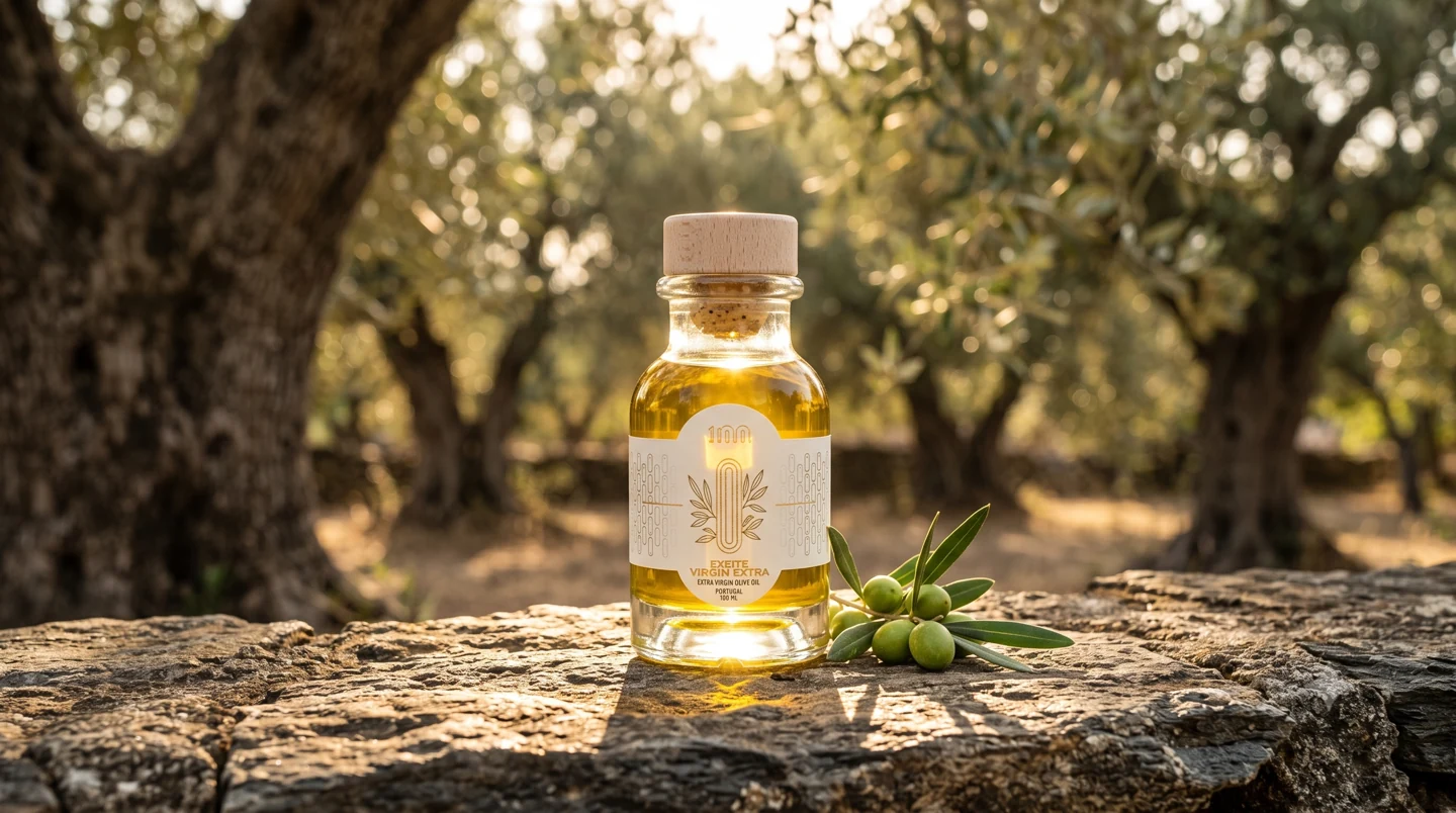 Portuguese olive oil bottle in an olive grove