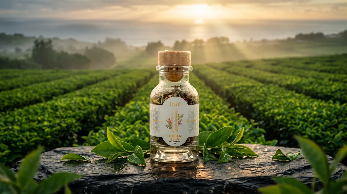 Tea bottle in a green landscape