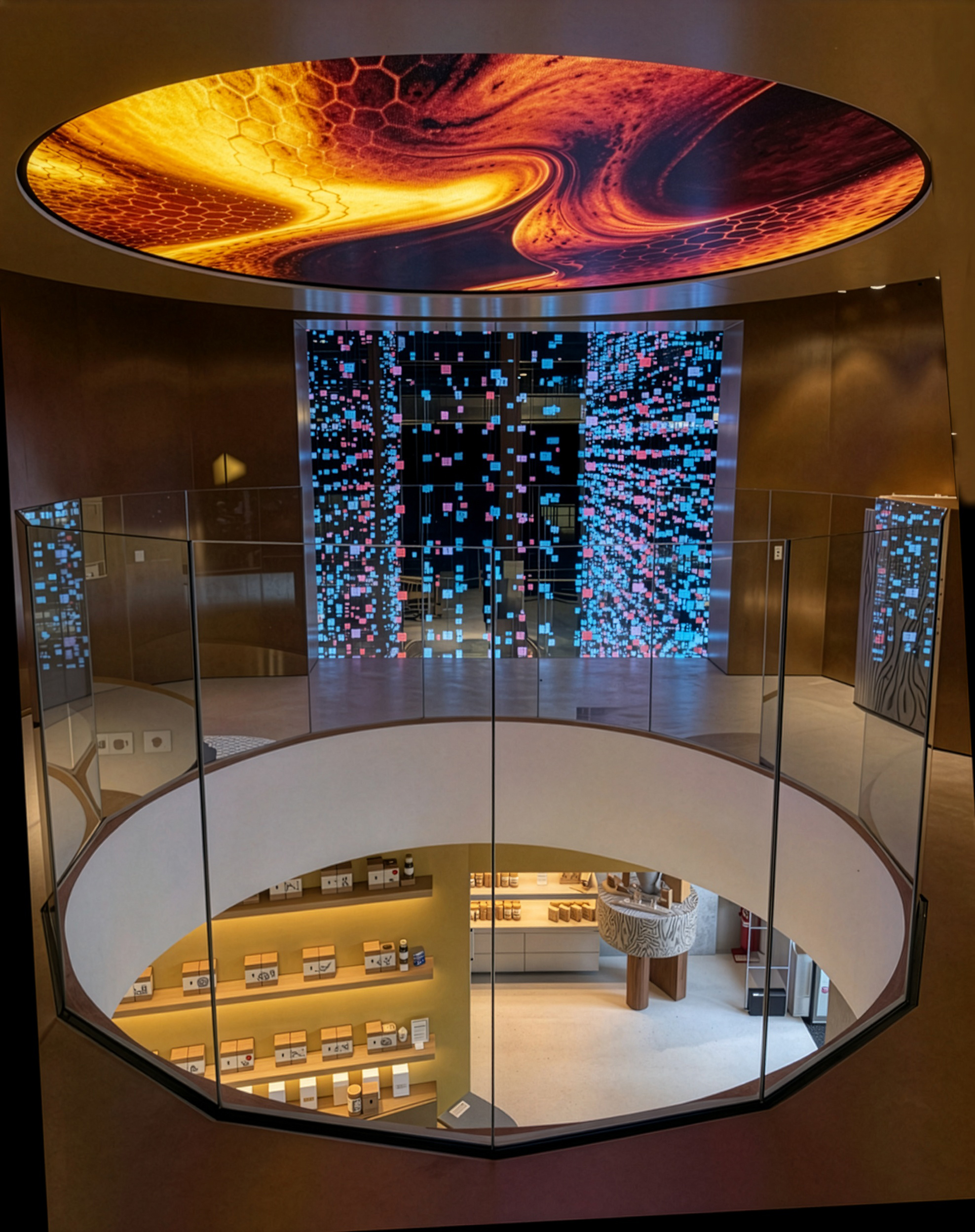 The first floor, beneath a ceiling full of colour