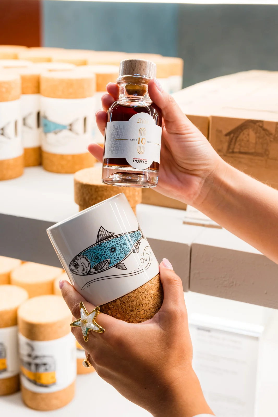 A ceramic sardine gift opened to reveal its 10-year Port Wine