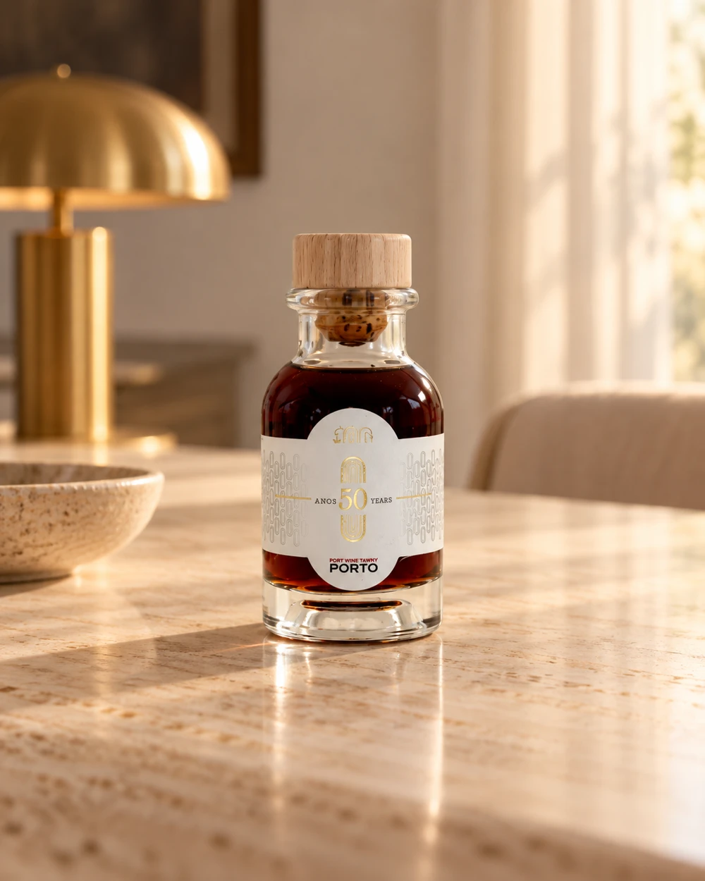 The 100s 50-year Port Wine bottle on a stone table