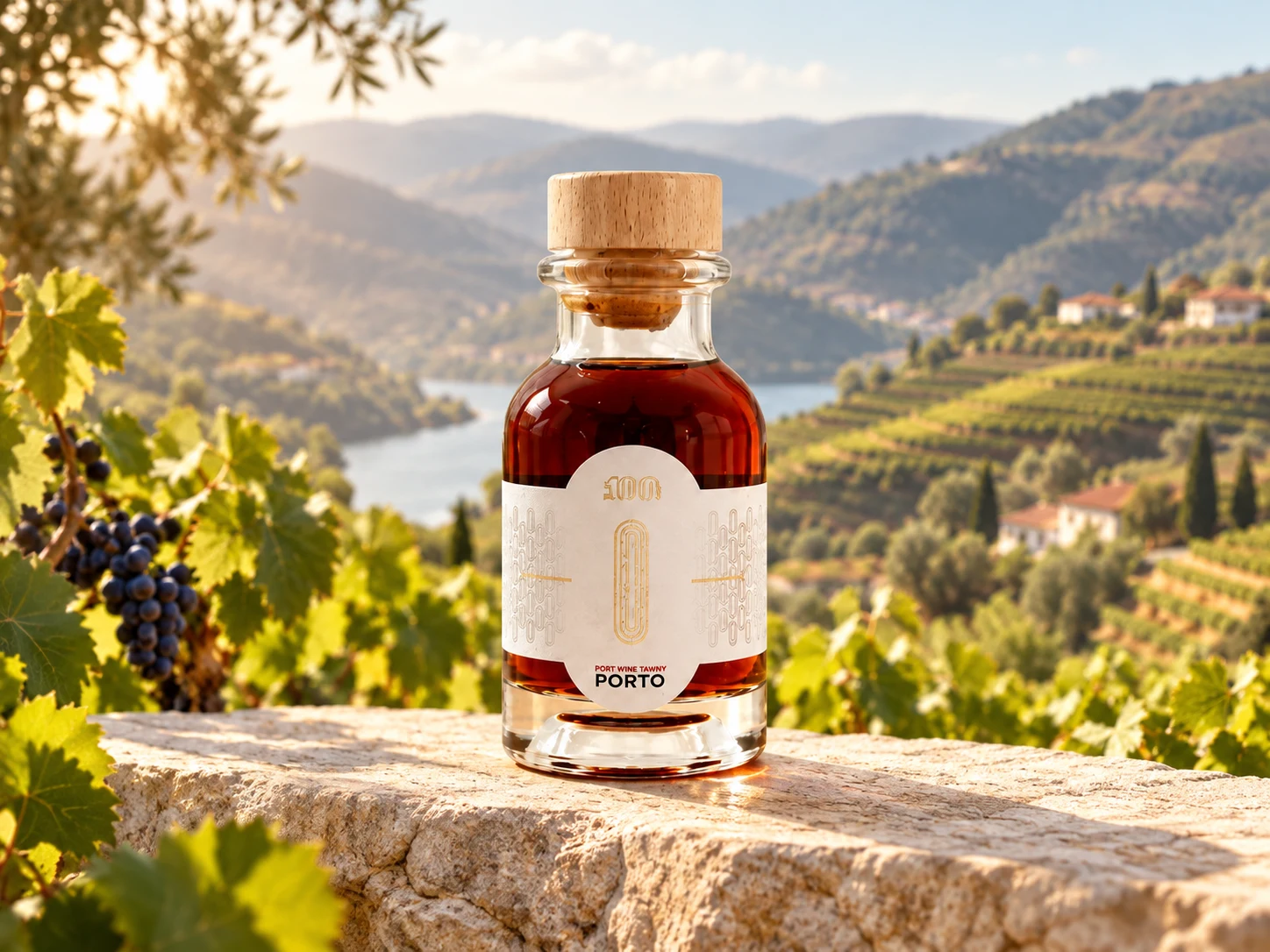 The 100s Tawny Port Wine bottle in the Douro vineyards