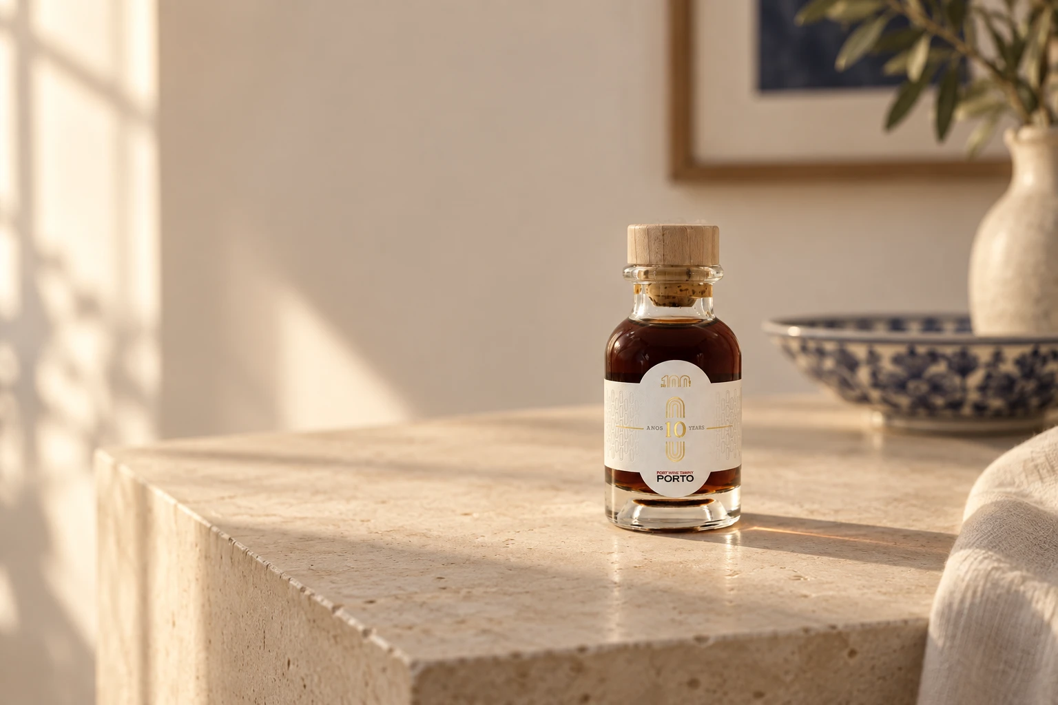 The 100s 10-year Port Wine bottle in a warm interior